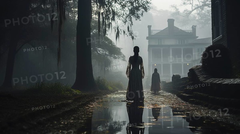 Eerie haunting ghostly female figures walking in front of a foggy southern plantation antebellum mansion on halloween night, generative AI
