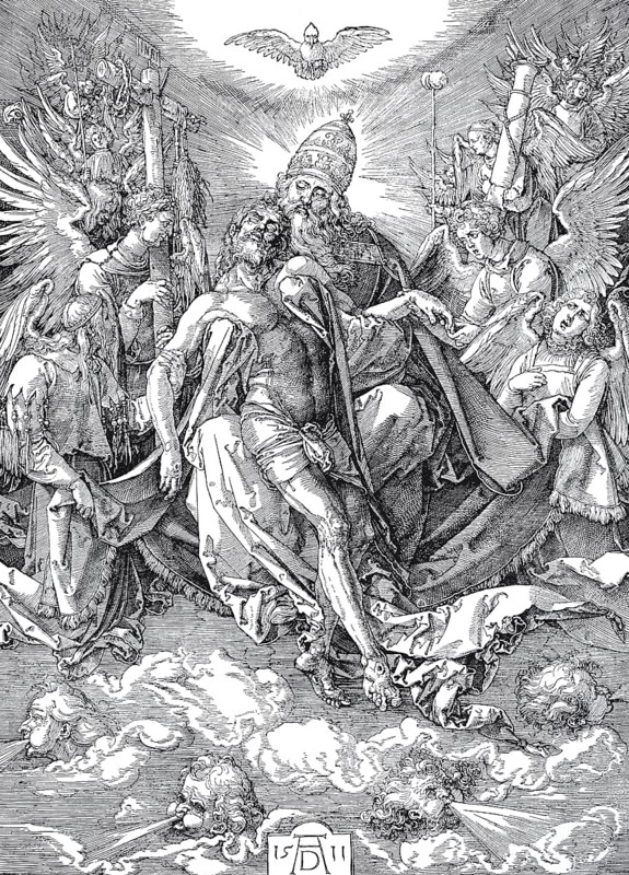 The Trinity, the Throne of Grace, woodcut by Albrecht Dürer, historical, digital improved reproduction of an old woodcut