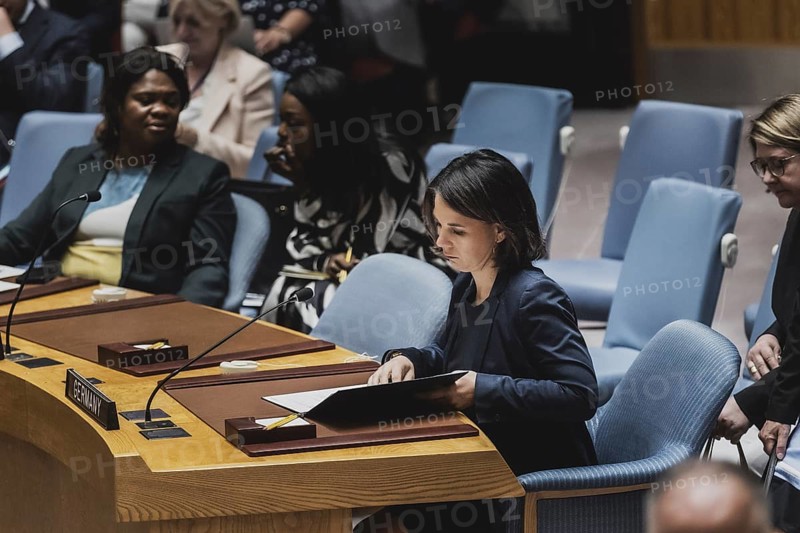 Annalena Bärbock (Bündnis 90 Die Grünen), Federal Minister for Foreign Affairs, photographed at the UN Security Council Meeting and Consultation on the Situation in Ukraine in New York City, 17.07.2023. Annalena Bärbock travels to New York to attend the ceremony marking the 25th anniversary of the Rome Statute of the International Court of Justice., New York City, United States, North America