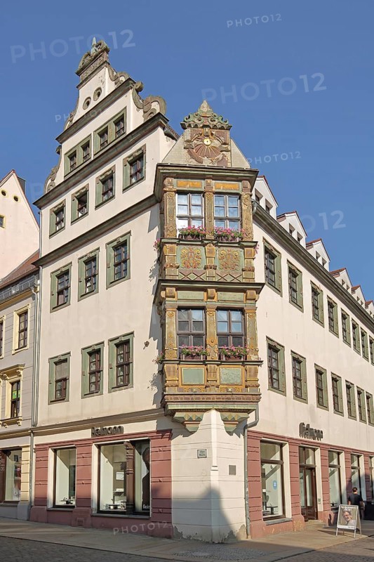 Historic building with bay window in Mannerism, Renaissance and Baroque, ornamentation, Burgstrasse, Freiberg, Saxony, Germany, Europe