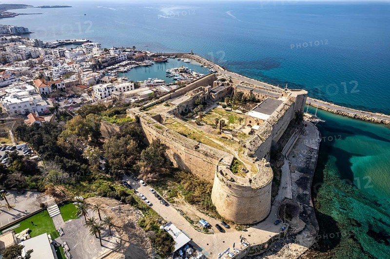 Kyrenia or Girne Fortress and Port from the Air, Turkish Republic of Northern Cyprus