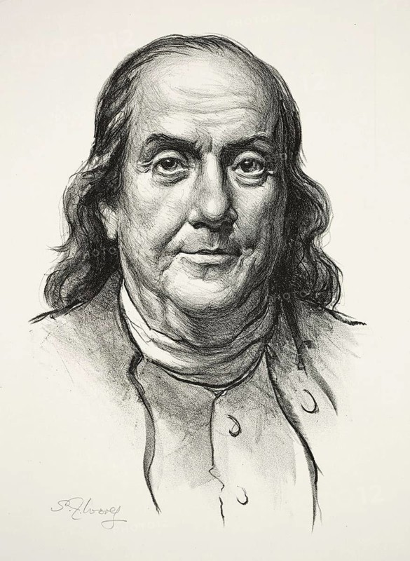 Benjamin Franklin (17 January 1706 - 17 April 1790) was an American printer, publisher, writer, naturalist, inventor and statesman, Historical, digitally restored reproduction from an original of the period