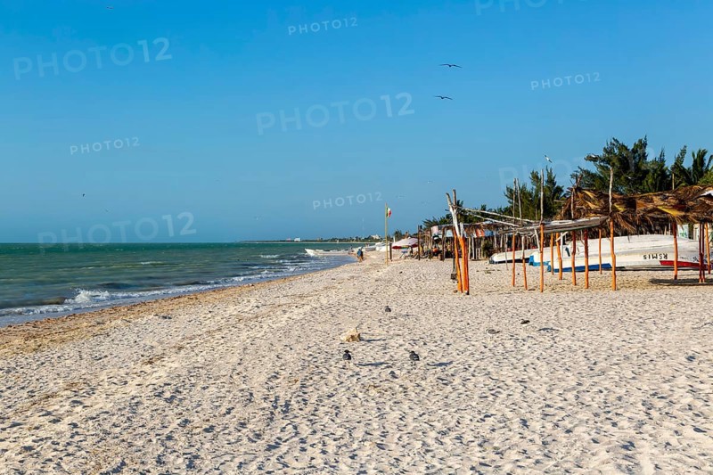 Sandy beach and sea of Gulf of Mexico, coastal fishing settlement of Celestun, Yucatan, Mexico, Central America