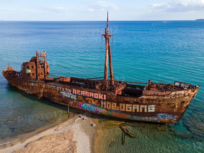Drone shot, Dimitrios shipwreck, Glyfada beach, Selinitsa, Gythio, Githio, Gythion, Mani, Lakonia, Peloponnese, Greece, Europe