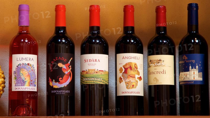 Various bottles of wine organised on a shelf, each with a unique label, Donna Fugata winery, Sicilian wine, Sicily, Italy, Europe