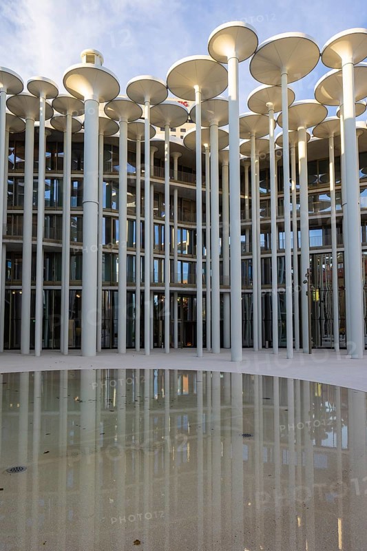 SAB Forum, designed by London-based architects ACME, 165 million euros. The Forum is a column garden in front of the SAB, consisting of 159 columns with a height of around 20 m. There are a further 92 columns on the building itself, 68 of which are free-standing and 24 of which penetrate the building. The columns are used as sun protection, partly for smoke extraction from the underground car park and as a design element