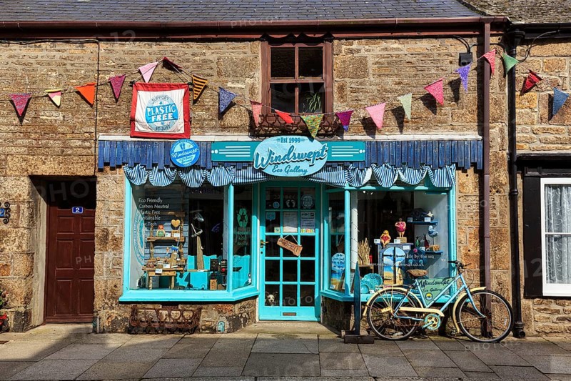 Decorated façade, gift shop, town centre arts and crafts, traditional Lafrowda Festival, St Just in Penwith, Cornwall, England, United Kingdom, Europe