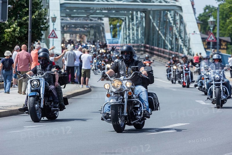 Harley Days Dresden, big ride through the city, here at the Elbe bridge Blaue Wunder