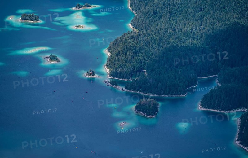 Detailed view of islands and forest at the Eibsee lake, Bavaria, Germany, Europe