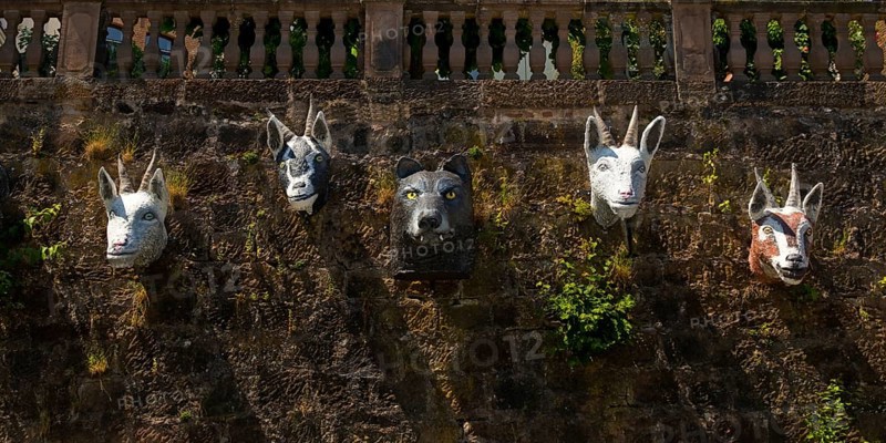 The Wolf and the Seven Young Goats on a Wall, Grimm-Dich Path, Brothers Grimm, Marburg an der Lahn, Hesse, Germany, Europe