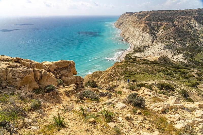 Hiking trail on the cliffs of Cape Aspro near Pissouri, Cyprus, Europe