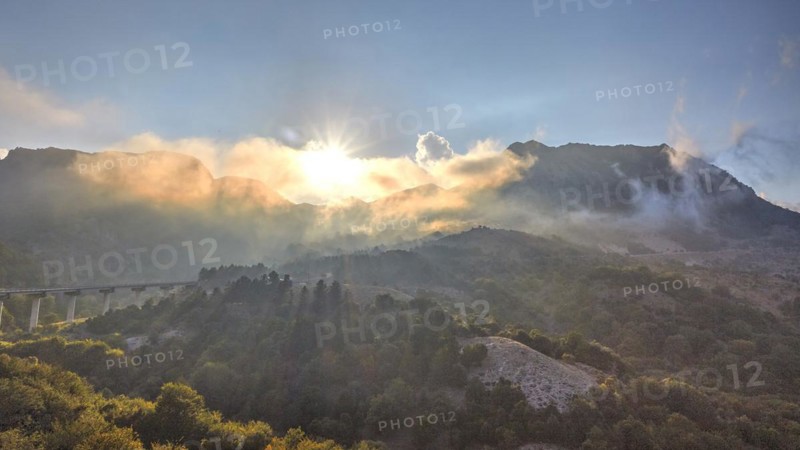 HDR shot, fog, clouds, backlight, bridge, mountains, Madonie National Park, spring, Sicily, Italy, Europe