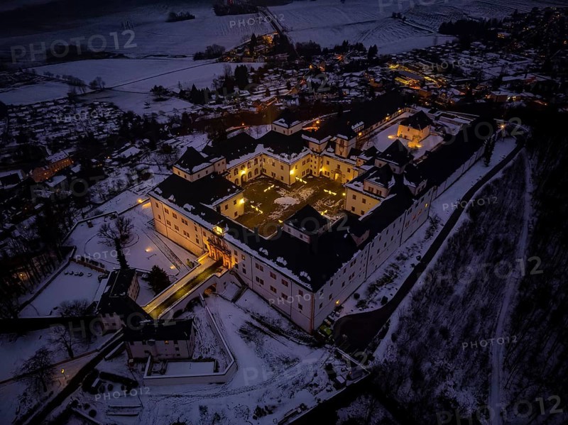 Augustusburg Hunting Lodge, also known as the Crown of the Ore Mountains, on a Winter Evening