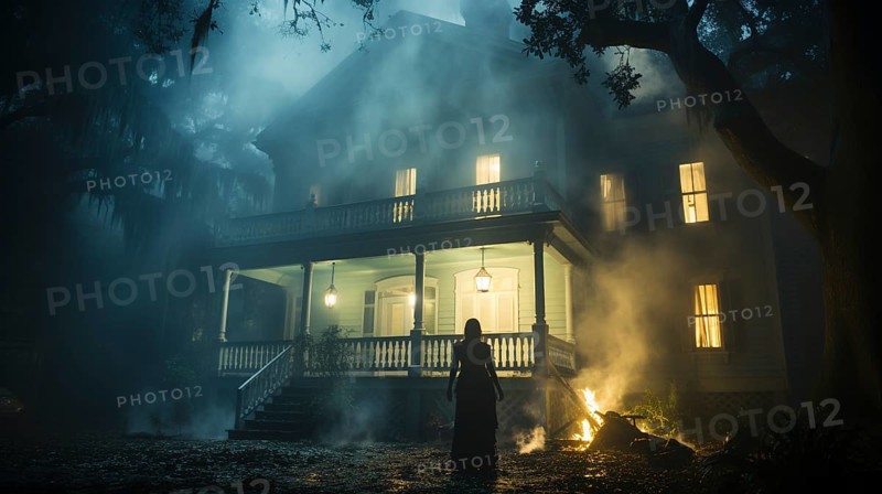 Eerie haunting ghostly female figure walking in front of a foggy southern plantation antebellum mansion on halloween night, generative AI