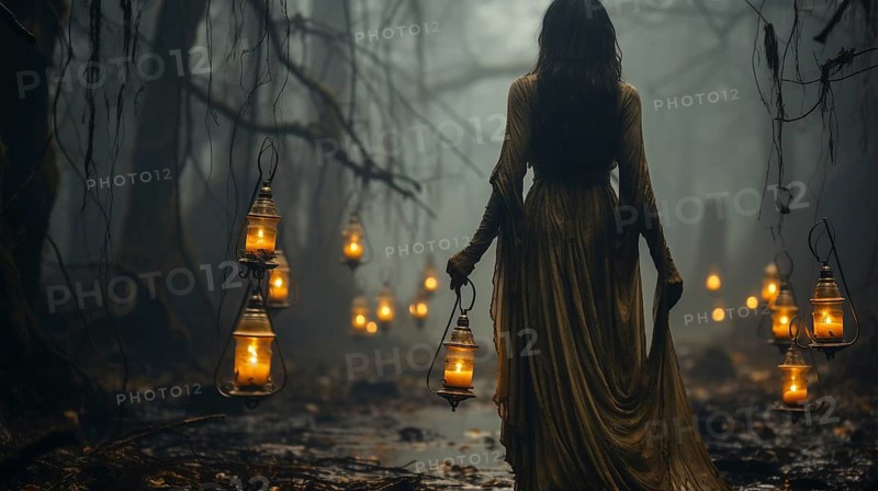 Mysterious female ghost figure walking amongst spanish moss, forest and candlelit lanterns on halloween night, generative AI
