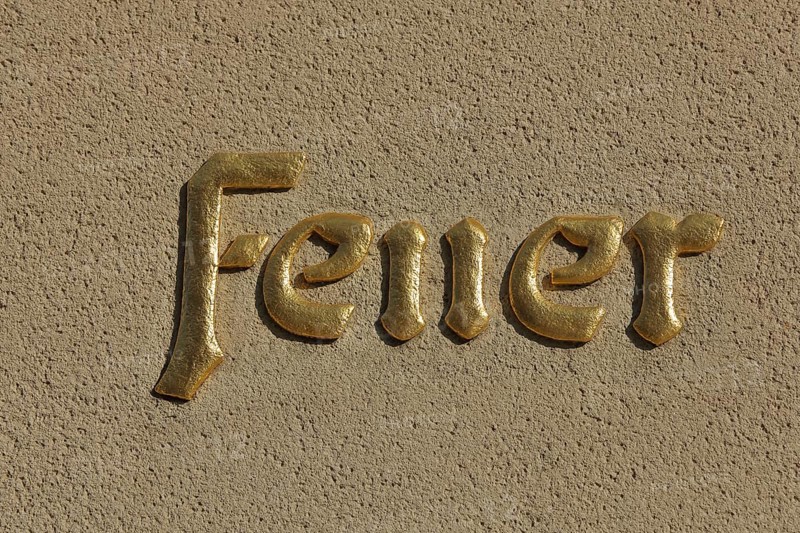 Lettering brass fire at the fire station, golden, inscription, metal, Plauen, Vogtland, Saxony, Germany, Europe