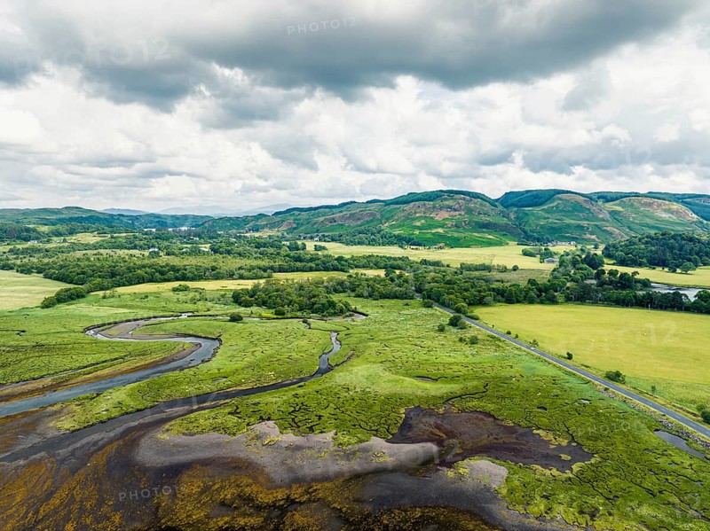 Loch Feochan and Feochan Bheag River from a drone, Feochan Glen, Oban, Argyll and Bute, West Highlands, Scotland, UK