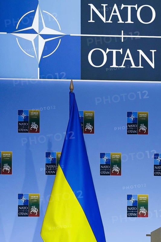 The Ukrainian flag stands on a stage at the NATO summit in Vilnius, Lithuania. Vilnius, 12.07.2023., Vilnius, Lithuania, Europe