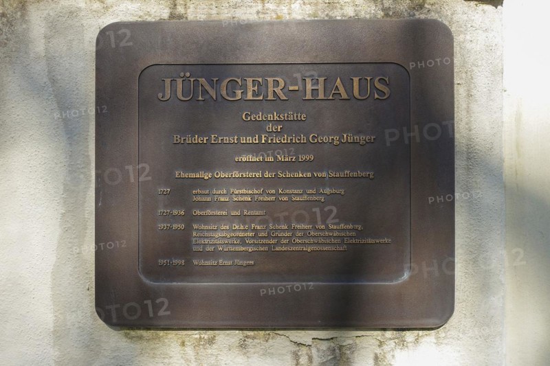 Sign, information board at Jünger-Haus, memorial for Ernst and Friedrich Georg Jünger in the Old Forester's Lodge, Museum, Wilflingen, Langenenslingen municipality, Baden-Württemberg, Germany, Europe