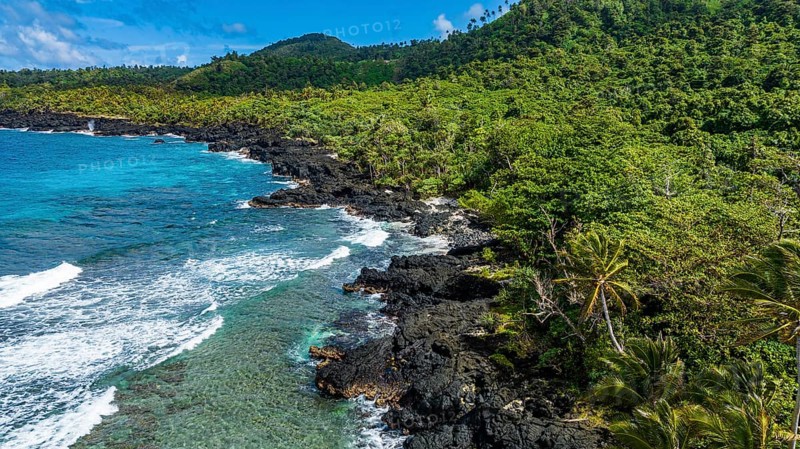 Aerial of the volcanic south coast, Taveuni, Fiji, South Pacific, Oceania