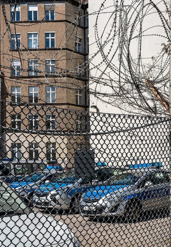 Parking police vehicles behind the security fence, police section 53, Berlin, Germany, Europe