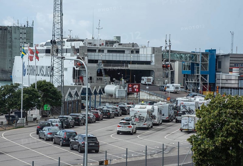 He Bornholm line's ferry Express 5 loading cars in Ystad harbor. It is the world's largest catamaran ferry and operates the line Ystad, Sweden and Bornholm, Denmark, Europe