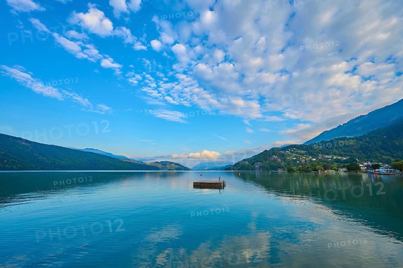 Lake, reflection, bathing raft, sky, clouds, sunrise, summer, Lake Millstatt, Döbriach, Carinthia, Austria, Europe