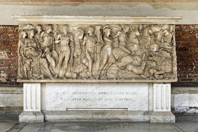 The Roman Phaedra Hippolytus Sarcophagus, Sarcofago romano, Fedra e Ippolito, 2nd c., Antiquity, Camposanto Monumentale, Miracles Square, Piazza dei Miracoli also Campo dei Miracoli, Piazza del Duomo, Pisa, Tuscany, Italy, UNESCO World Heritage Site, Europe