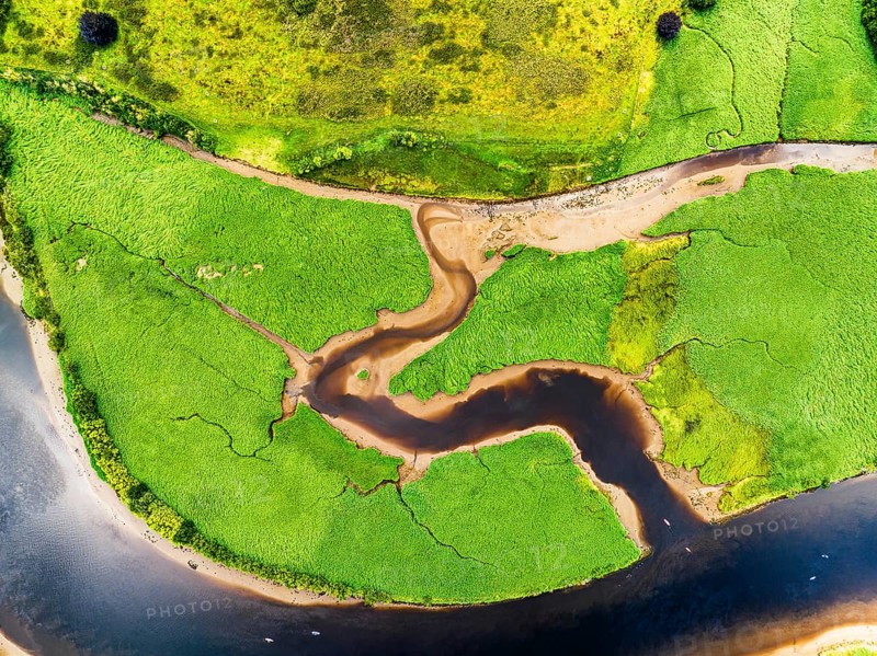 Top Down over Sharpham Meadows and Marsh over River Dart from a drone, Totnes, Devon, England, United Kingdom, Europe
