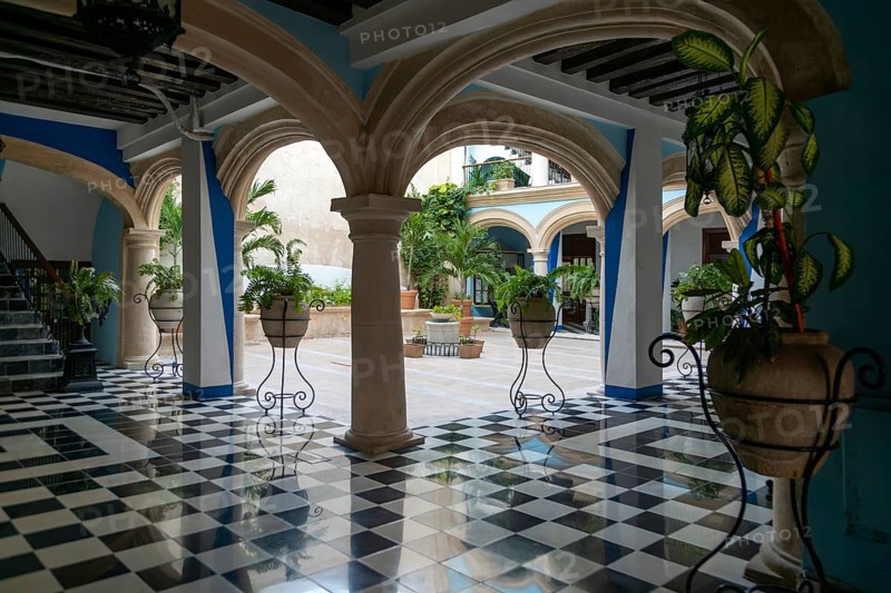 Spanish colonial architecture in courtyard at former Hotel Cuauhtemoc, Campeche city, Campeche State, Mexico, Central America