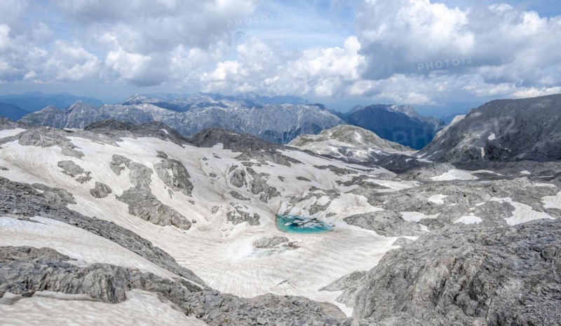 Mountain lake, snow remains, high alpine landscape, Übergossene Alm, Berchtesgaden Alps, Salzburger Land, Austria, Europe