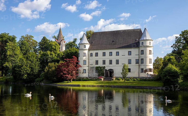 Drone shot, Renaissance castle, Hagenau Castle, Mattig estuary, Sankt Peter am Hart, Innviertel, Upper Austria, Austria, Europe