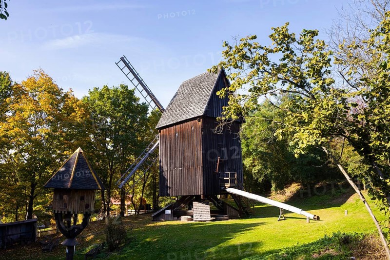 Blankenhain Castle in Blankenhain near Crimmitschau was once part of a knight's estate and, together with the German agriculture Museum on the grounds, is now a unique museum complex in Germany. Historical windmill in the exhibition area
