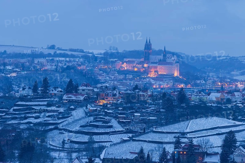 Viewpoint Juchhöh Spaargebirge at blue hour with view to Meissner Burgberg above the vineyards
