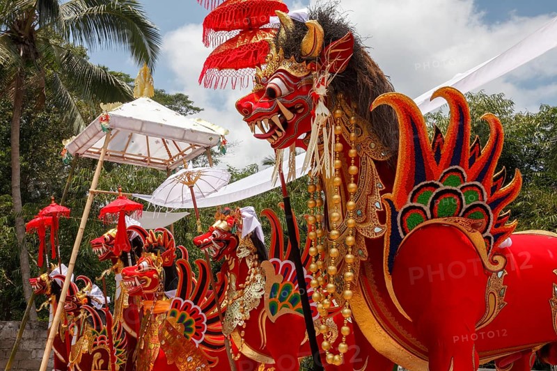 In the cremation ground, the colourful sarcophagi at a corpse cremation (Ngaben), Ubud, Bali, Indonesia, Asia
