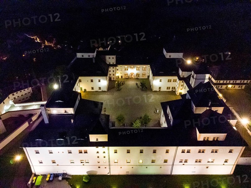 Augustusburg Hunting Lodge in evening illumination
