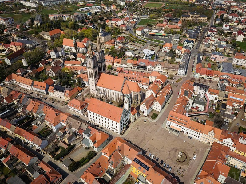 Oschatz in Central Saxony, St. Ägidien town church with Neumarkt and town hall