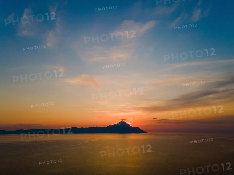 Aerial view, dawn, view of Mount Athos, Orthodox monastic republic with autonomous status under Greek sovereignty, taken from Kriaritsi, Sithonia, Chalkidiki, Central Macedonia, Greece, Europe