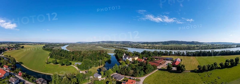 Drone shot, Renaissance castle, Hagenau Castle, Inn, Sankt Peter am Hart, Innviertel, Upper Austria, Austria, Europe