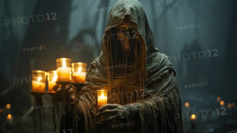 Ghostly hood draped figure walking in foggy forest setting carrying candles on halloween night, generative AI