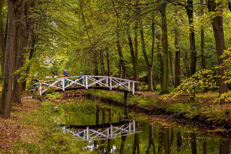 Cyclists pass a bridge in Hermsdorf Castle Park near Dresden