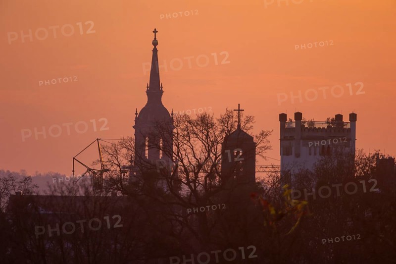 Towers of the Dreikönigskirche, the Diakonissenhaus and the Tudor Gothic tower house on Bautzner Strasse in the evening