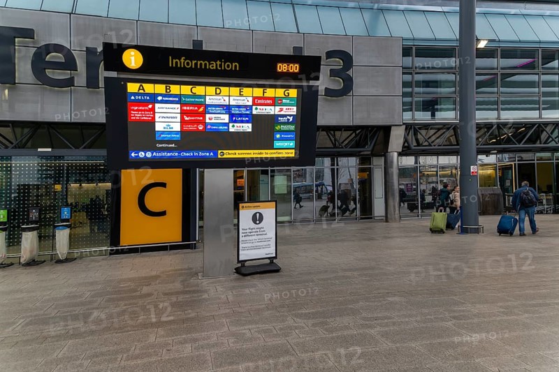 Information display about airlines operating at Terminal 3 building, London Heathrow Airport, England, UK