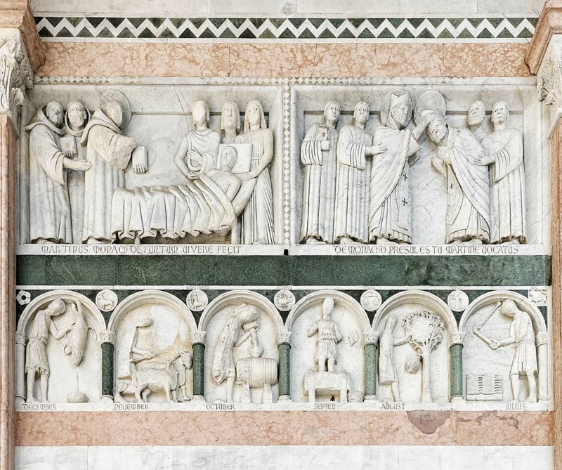 Scene from the life of St. Martin above, month depictions, December, November, October, September, August, July, below, sculptor Guidetto and collaborators, Romanesque, main façade, cathedral, Cattedrale di San Martino also Duomo di Lucca, Lucca, Tuscany, Italy, Europe