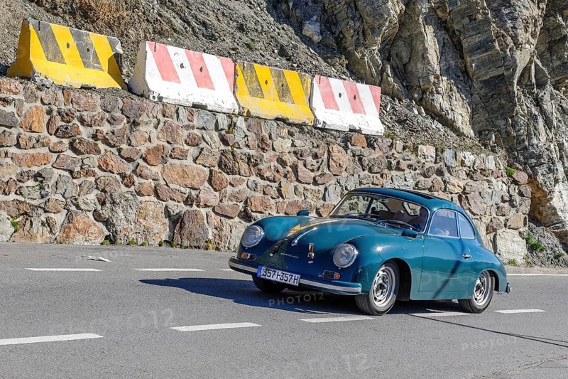 Oldtimer Classic Car historical vehicle Porsche 356 A T2 driving on north ramp of pass road mountain pass alpine road on pass height of 2517 meters high mountain pass alpine pass Stelvio Stilfser Joch, Stilfs, Autonomous Province of Bolzano, South Tyrol, Italy, Europe