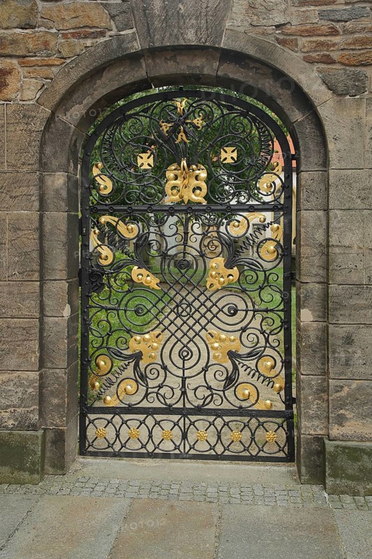 Golden gate with lattice and entrance to the Green Cemetery of St. Mary's Cathedral, wrought iron work, handicraft, ornaments, golden, Freiberg, Saxony, Germany, Europe