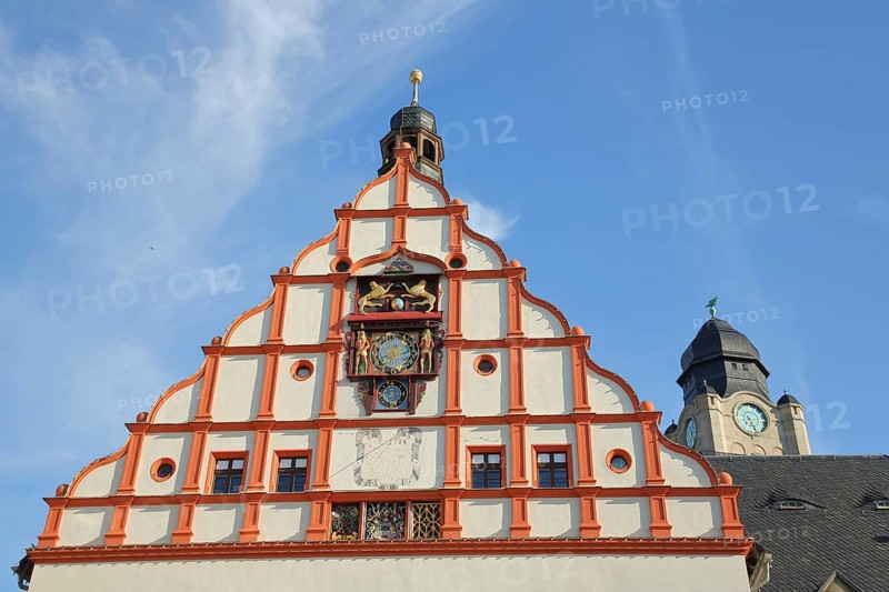 Tail gable with sundial and coat of arms of the Old Town Hall built 1382 and tower of the New Town Hall, new, old, Altmarkt, Plauen, Vogtland, Saxony, Germany, Europe