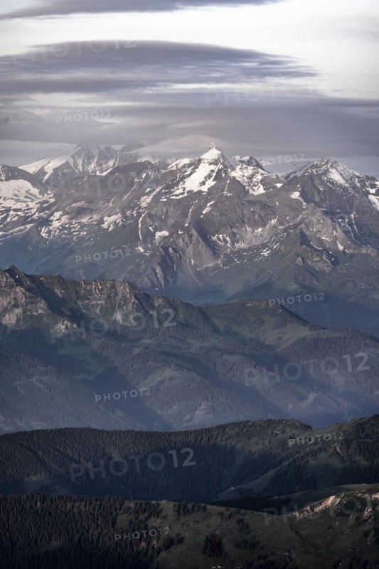 Hochvenediger, Evening mood, Silhouettes, Dramatic mountain landscape, View from Hochkönig, Salzburger Land, Austria, Europe