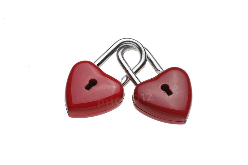 Two small red padlocks are linked together
