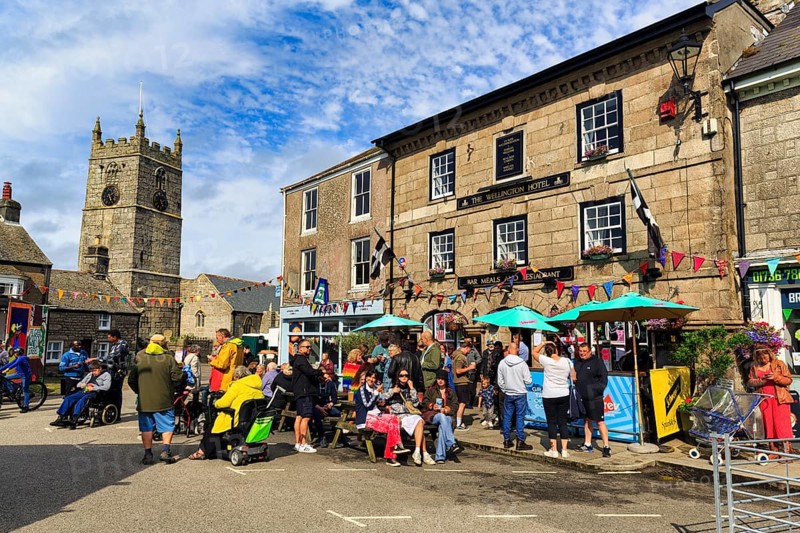 Crowd in town centre, traditional Lafrowda Festival 2023, St Just in Penwith, Cornwall, England, United Kingdom, Europe